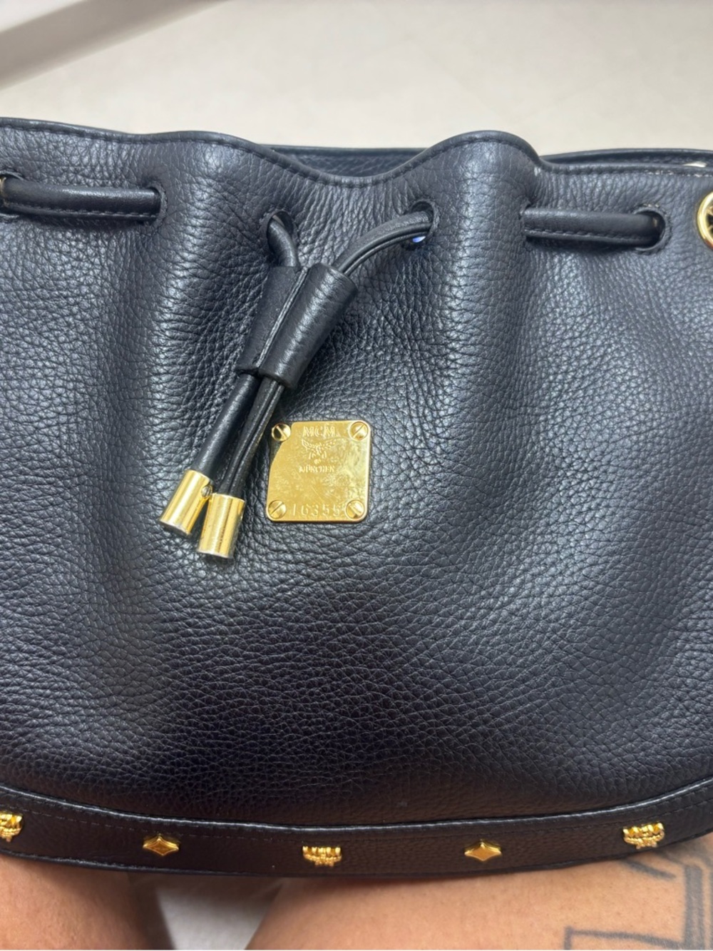 MCM Black Leather Drawstring Crossbody Bag with Gold Hardware - Picture 14 of 14
